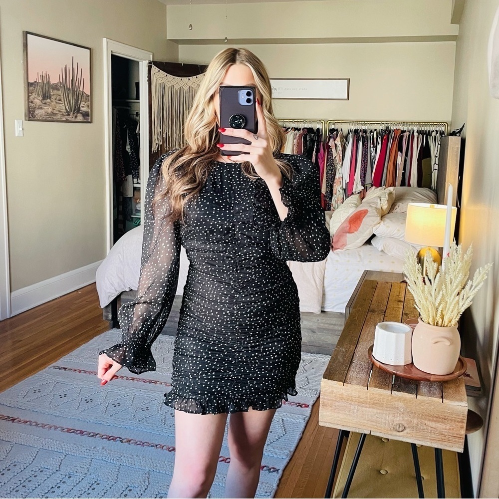VICI Polka Dot Ruched Long Sleeve Mini Dress